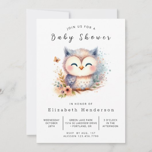 Forest Printable Owl Baby Dusche Einladung (Vorderseite)