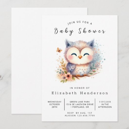 Forest Printable Owl Baby Dusche Einladung (Vorne/Hinten)