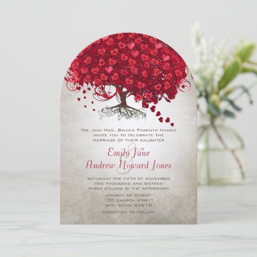 Forest Red Heart Leaf Tree Wedding Einladungen (Stehend Vorderseite)