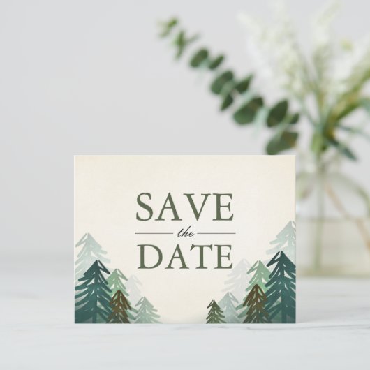 Forest Save the Date Postcard Elegante Wählen Sie Ankündigungspostkarte (Stehend Vorderseite)
