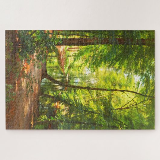 Forest Scene Man Fishing from Boat Dansk 1885 Puzzle (Horizontal)