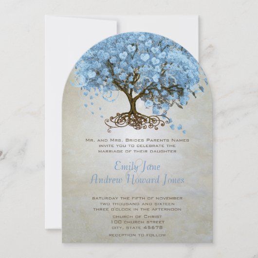 Forest Serenity Blue Heart Leaf Tree Wedding Einladung (Vorderseite)