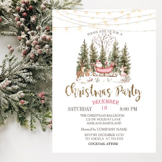 Forest, Sleigh, Lights Gold Christmas Company Einladung