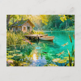Forest Stream Cottage with Ducks, piere and Dock A Postkarte