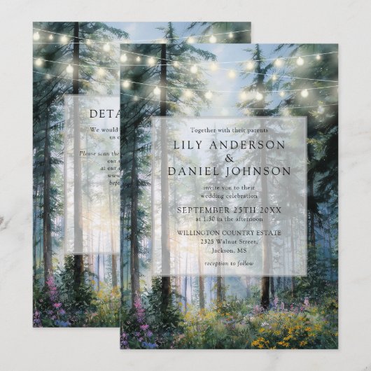 Forest String Lights Floral QR Code Wedding Einladung (Vorne/Hinten)