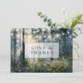 Forest String Lights Floral Rustic Wedding Photo Dankeskarte (Stehend Vorderseite)