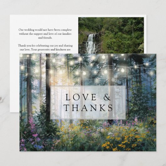 Forest String Lights Floral Rustic Wedding Photo Dankeskarte (Vorne/Hinten)