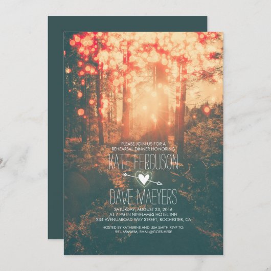 Forest String Lights Rustikale Probe Abendessen Einladung (Vorne/Hinten)