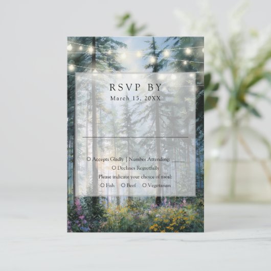 Forest String Lights Wildflowers Floral Wedding RSVP Karte (Stehend Vorderseite)