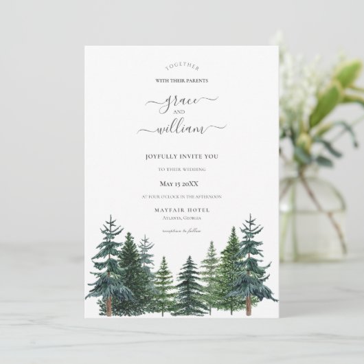 Forest Trees Calligraphy Script Wedding Einladung (Stehend Vorderseite)