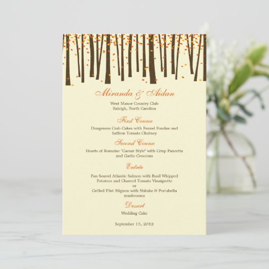 "Forest Trees Wedding Menu Card" - Orange - Menükarte (Stehend Vorderseite)