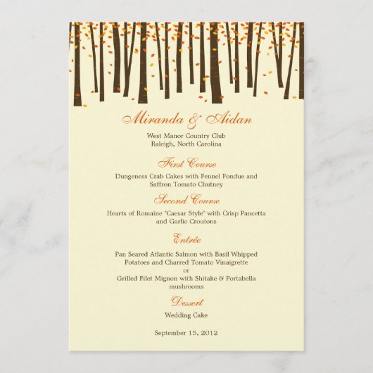 "Forest Trees Wedding Menu Card" - Orange - Menükarte (Vorderseite)