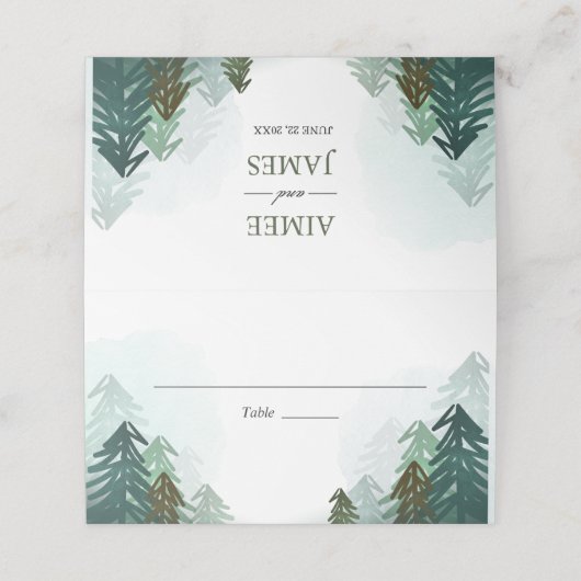 Forest Wedding Platzkarte Rustic Pine Evergreen (Außenseite Aufgefaltet)