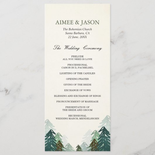 Forest Wedding Zeremonie Programm Pine Trees Winte (Vorderseite)