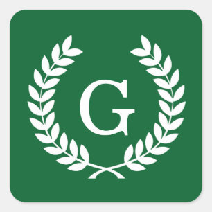 Forest White Wheat Laurel Wreath Initial Monogram Quadratischer Aufkleber