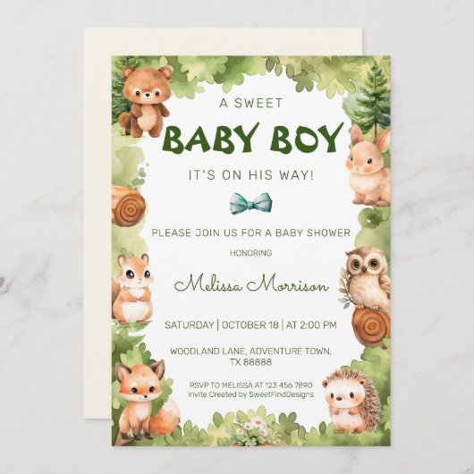 Forest Wild Animals Baby Boy Dusche Einladung (Vorne/Hinten)