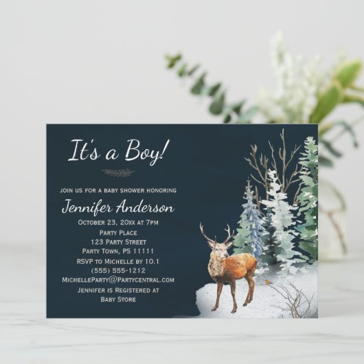 Forest Winter Woodland Hirschjunge Dusche Einladung (Stehend Vorderseite)