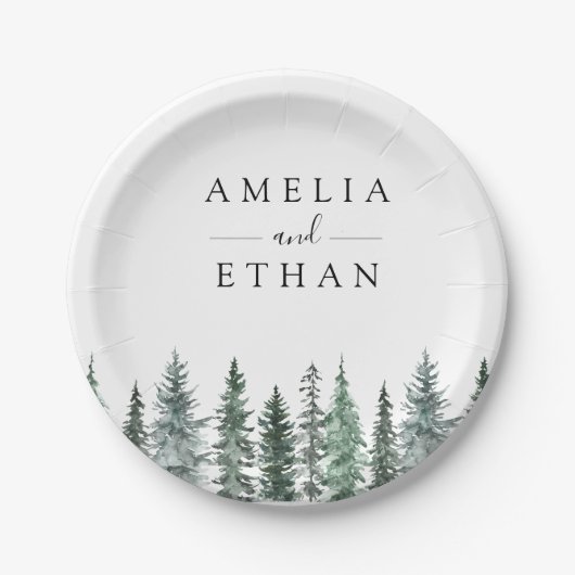 Forest Wintre Watercolor Wedding Pappteller (Vorderseite)