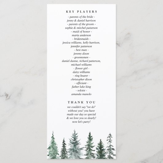 Forest Wintre Watercolor Wedding Programm (Rückseite)