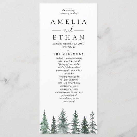 Forest Wintre Watercolor Wedding Programm (Vorderseite)