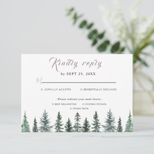Forest Wintre Watercolor Wedding RSVP Karte (Stehend Vorderseite)