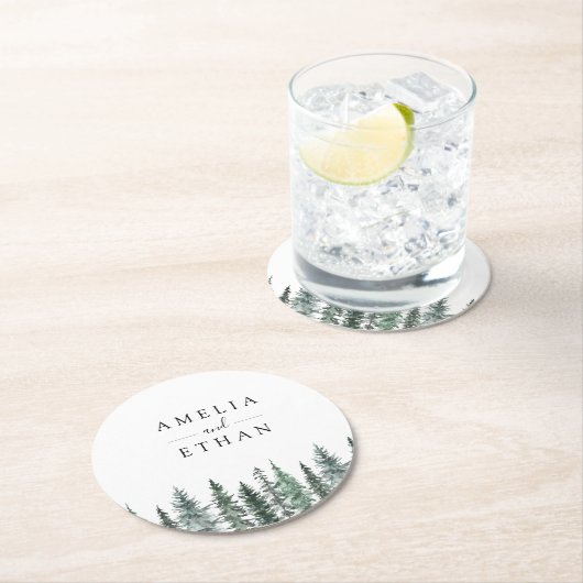 Forest Wintre Watercolor Wedding Runder Pappuntersetzer (Vor Ort)