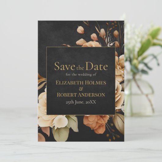 Forest Witch Black Floral Save the Date (Stehend Vorderseite)