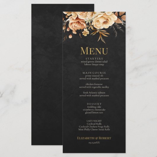 Forest Witch Black Floral Wedding Menu Menükarte (Vorne/Hinten)