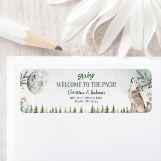 Forest Wolf Baby Showadresse Etikett (Insitu)