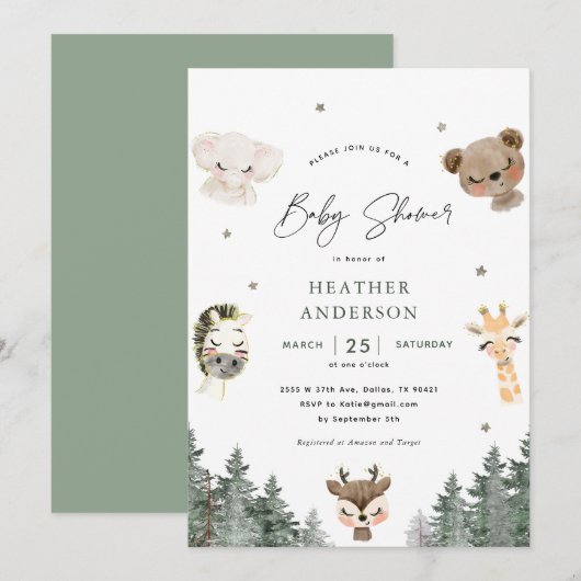 Forest Woodland Animal Baby Shower Einladung (Vorne/Hinten)