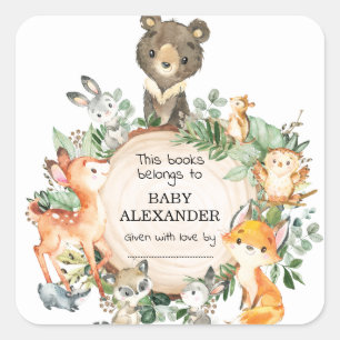 Forest Woodland Animals Boy Baby Dusche Buchzeiche Quadratischer Aufkleber