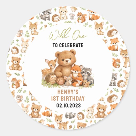 Forest Woodland Animals Wild One 1st Birthday Runder Aufkleber (Vorderseite)