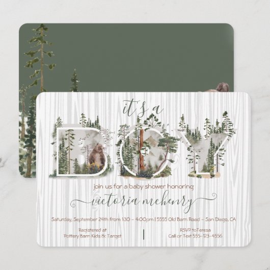 Forest Woodland Aquarellbärendusche Einladung (Vorne/Hinten)