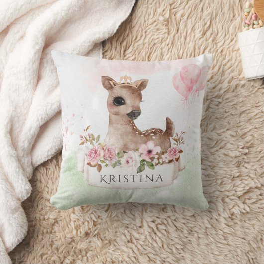 Forest Woodland Baby Girl Deer Wasserfarbe Name Kissen (Decke)