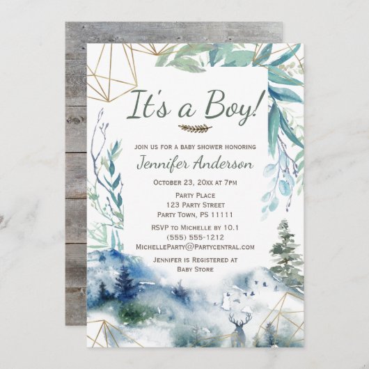 Forest Woodland Gold Country Deer Boy Baby Dusche Einladung (Vorne/Hinten)
