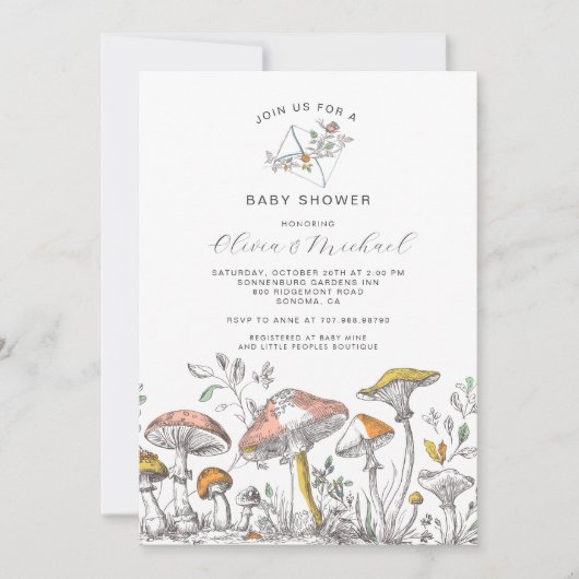 Forest Woodland Mushrooms Baby Shower Einladung (Vorderseite)