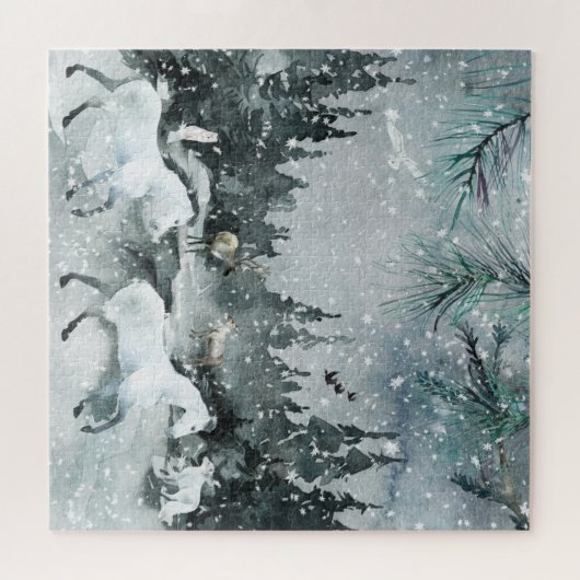 Forest Woodland Night Sky Weißes Pferd & Tiere Puzzle (Horizontal)