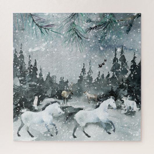 Forest Woodland Night Sky Weißes Pferd & Tiere Puzzle (Vertikal)