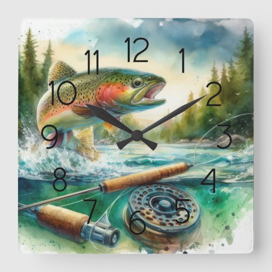 Foreut Fishing Quadratische Wanduhr (Vorderseite)