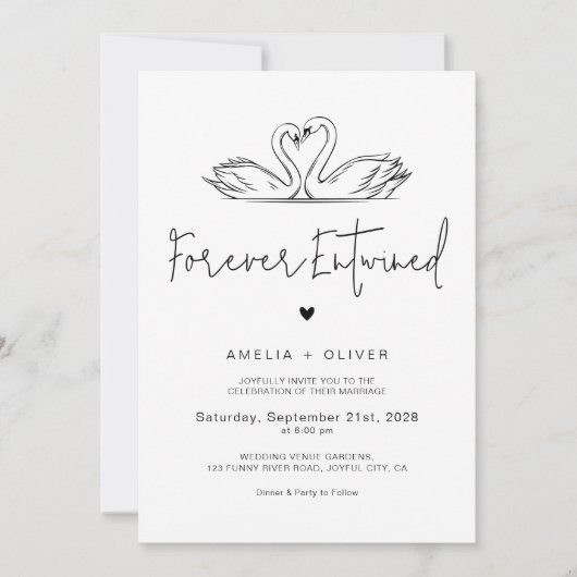 Forever Entwined Minimalist Script Swans Wedding Einladung (Vorderseite)