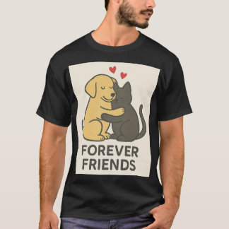 Forever Friends Katze & Hund Umarmen T-Shirt | Cut