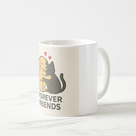 Forever Friends Mug | Cute Cat & Dog Hugging Coffe Kaffeetasse (VorderseiteRechts)