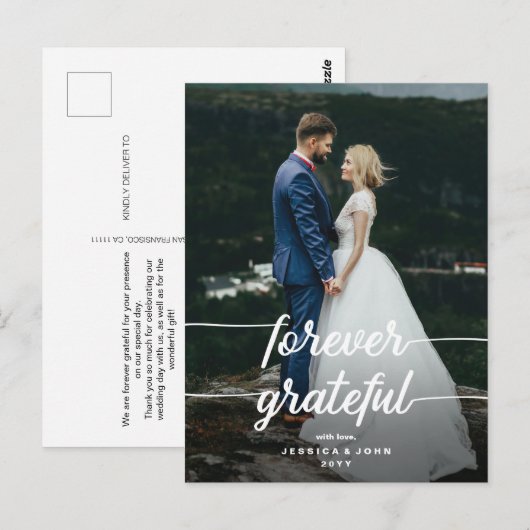 Forever Grateful Script Foto Wedding Vielen Dank Postkarte (Vorne/Hinten)