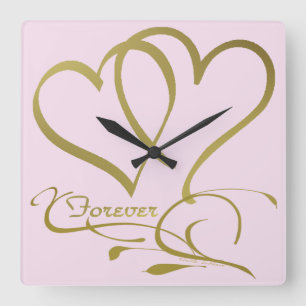 Forever Hearts Gold bearbeitbare Hintergrundfarben Quadratische Wanduhr