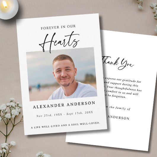Forever in Our Hearts Black White Memorial Funeral Dankeskarte