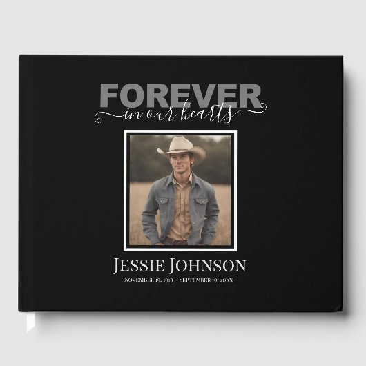 Forever in Our Hearts Elegantes Skript-Foto Gästebuch (Vorderseite)