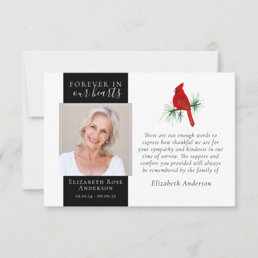 Forever in Our Hearts Kardinal Foto Beileid Dankeskarte (Vorderseite)