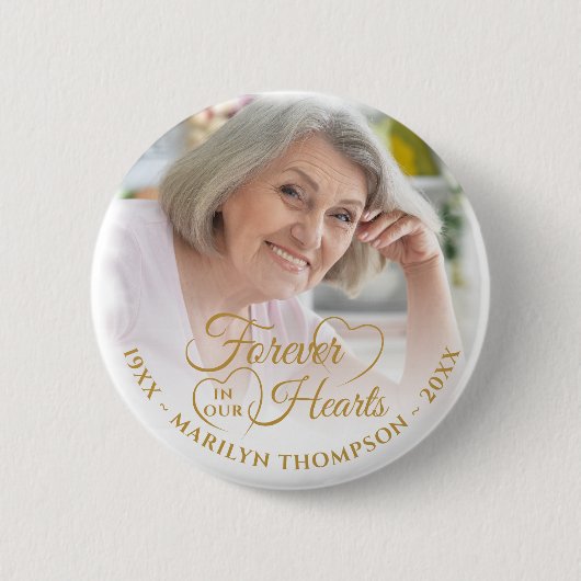 Forever in unserem Hearts Memorial Foto Name Gold Button (Vorderseite)