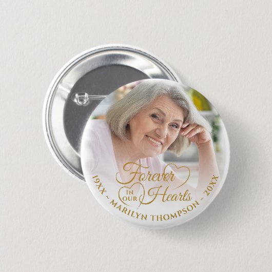 Forever in unserem Hearts Memorial Foto Name Gold Button (Vorne & Hinten)