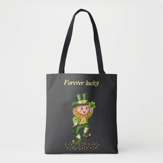 Forever Lucky Green Gnome & Gold Confetti auf schw Tasche (Vorderseite)